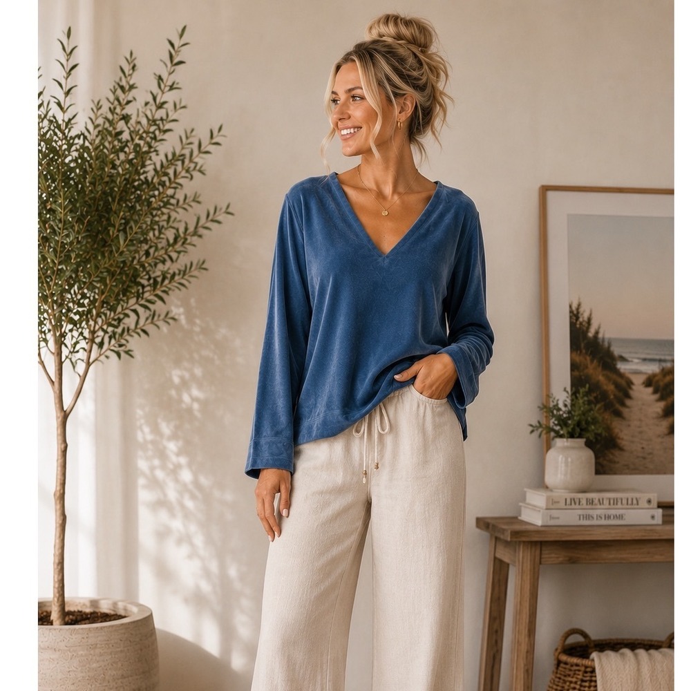 Pure Jill Blue Velour V-Neck Long Sleeve Tunic Top Quiet Luxury Boho Size Large‎